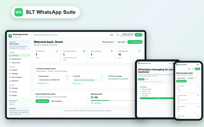 SLT WhatsApp Suite — لوحة التحكم على الحاسوب والجهاز اللوحي والهاتف